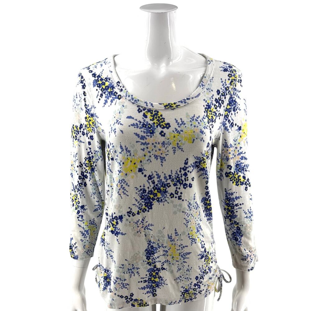 Talbots Womens Knit Top Size Medium White Blue Pink Floral Ruched Cinched Side
